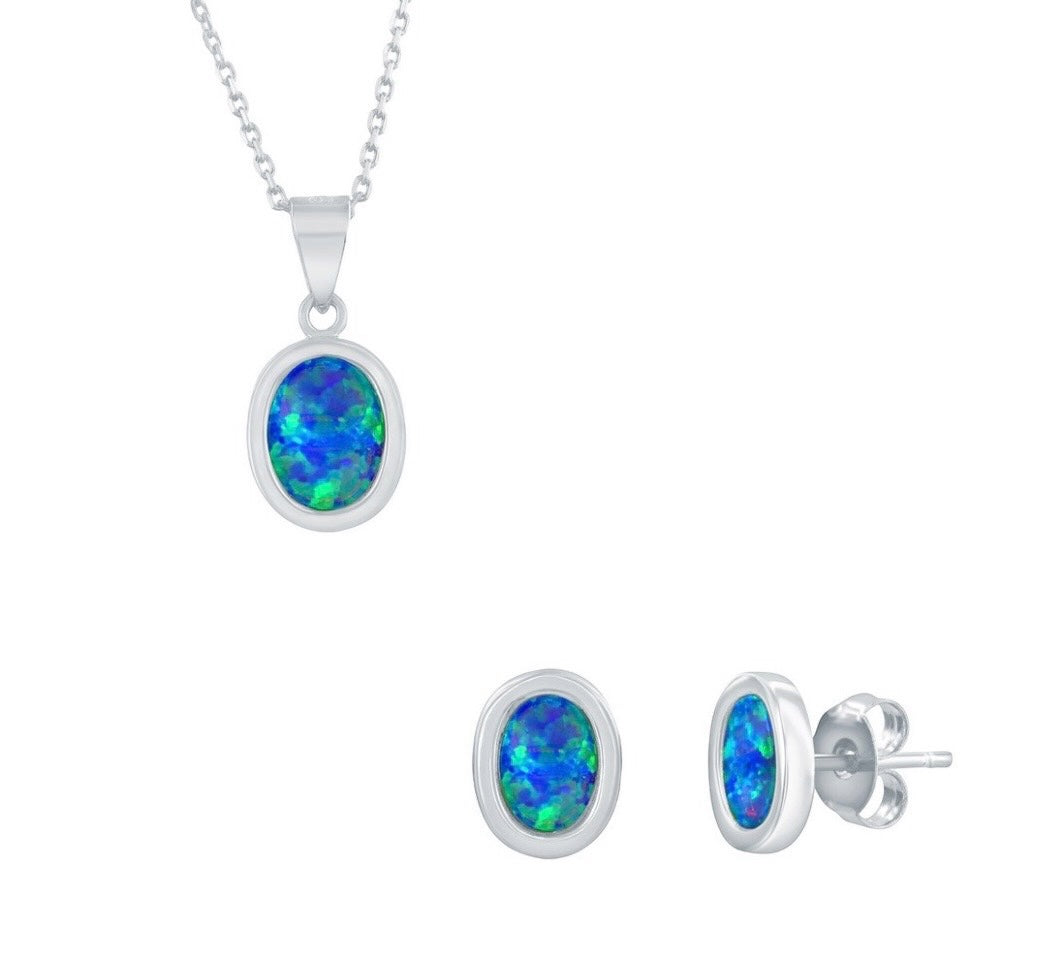 925 Sterling Silver Oval Blue Opal Necklace & Earrings Set - Gold Plated