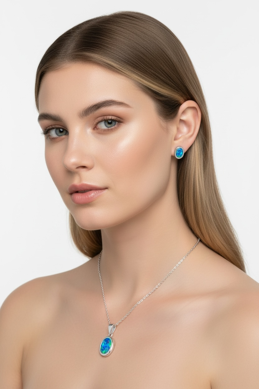 925 Sterling Silver Oval Blue Opal Necklace & Earrings Set - Gold Plated
