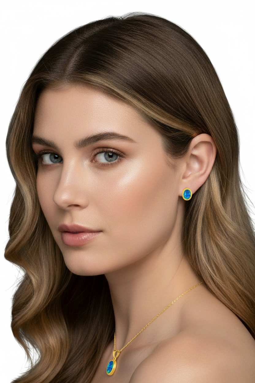 925 Sterling Silver Oval Blue Opal Necklace & Earrings Set - Gold Plated