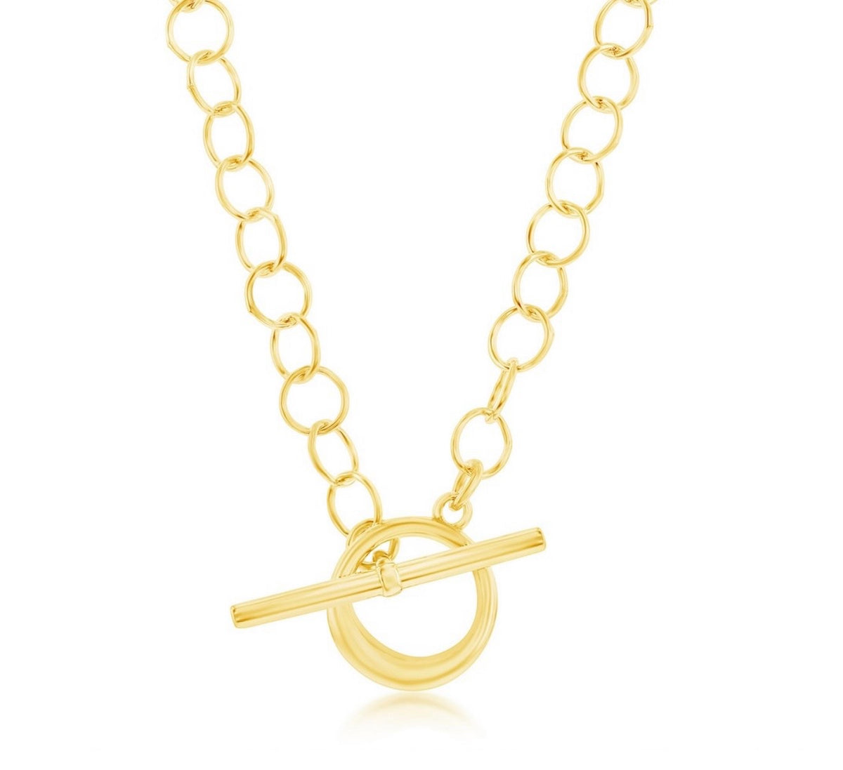Sterling Silver Cable Link Circle Toggle Necklace - Gold Plated 18”
