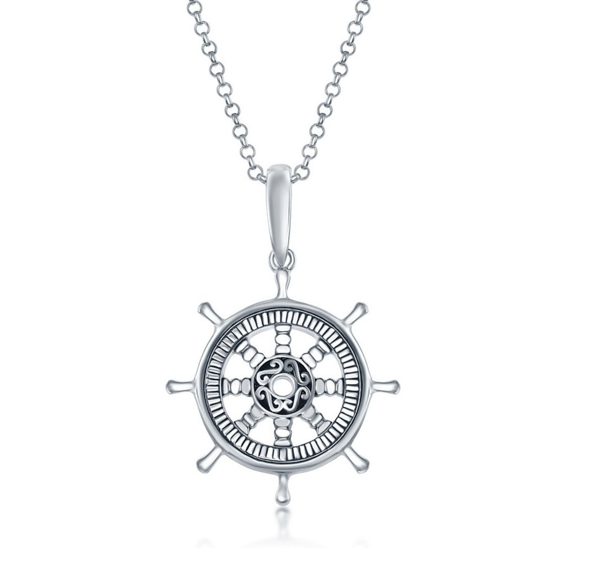 Sterling Silver, Detailed Oxidized Ship Wheel Pendant