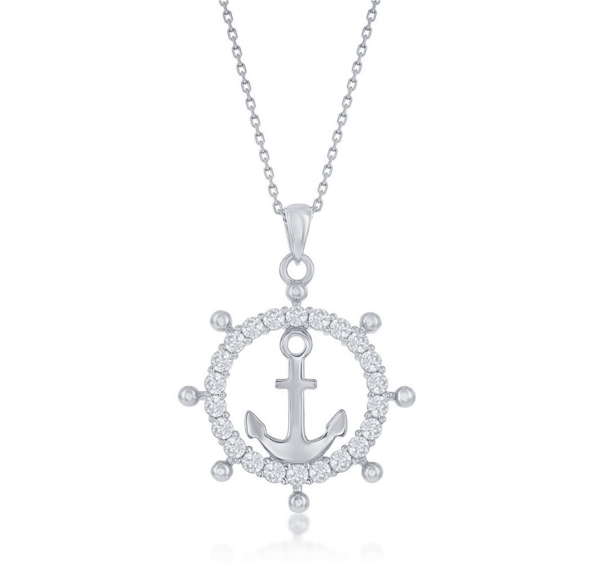Sterling Silver, Crystal Anchor Ship Wheel Pendant