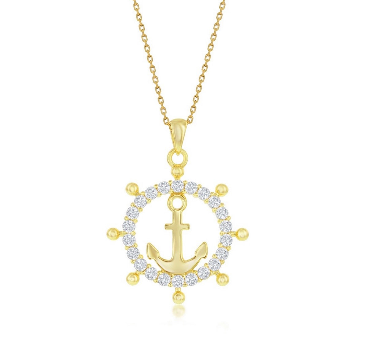 Sterling Silver, Crystal Anchor Ship Wheel Pendant