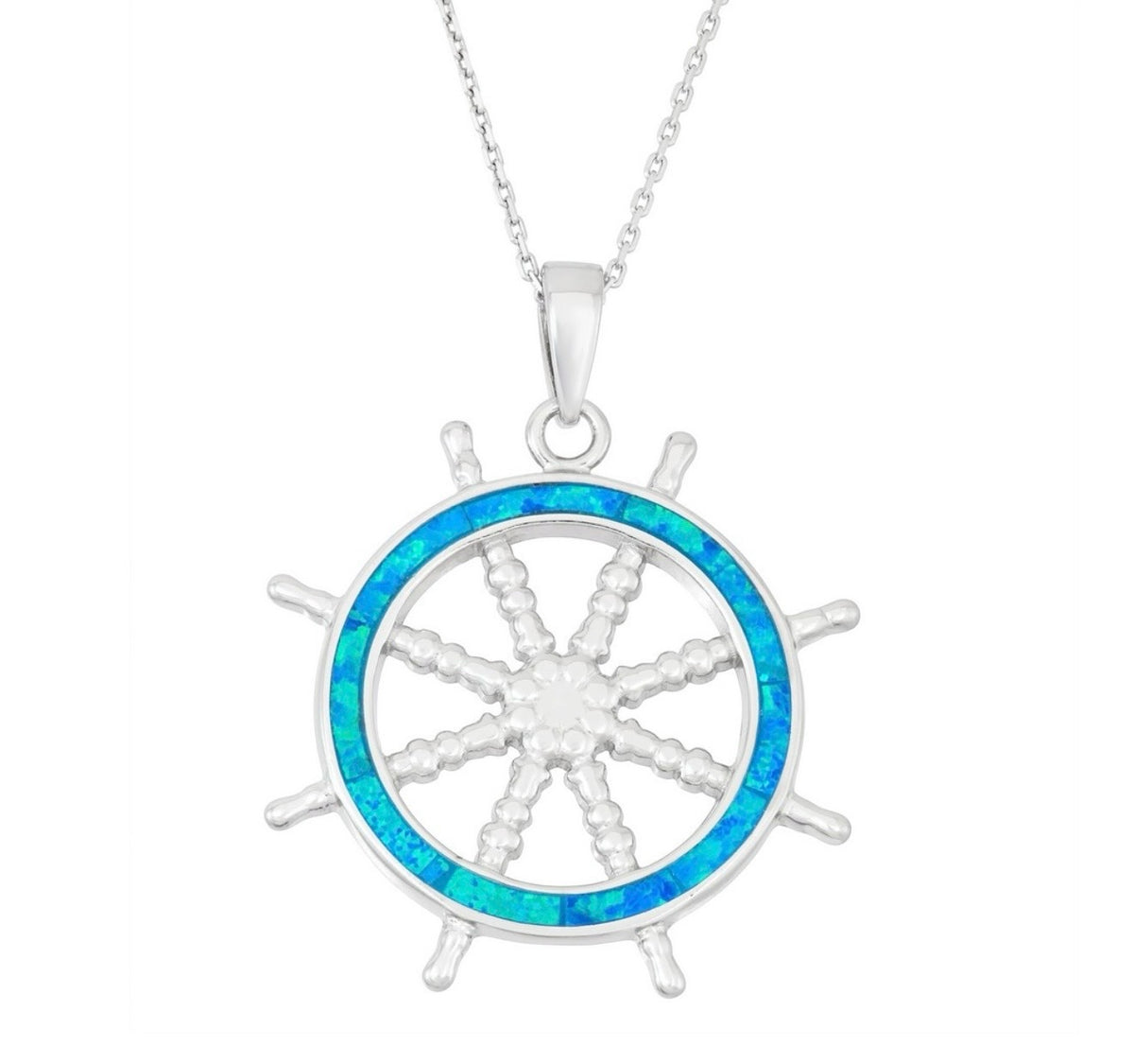 Sterling Silver Blue Inlay Opal Ships Wheel Pendant