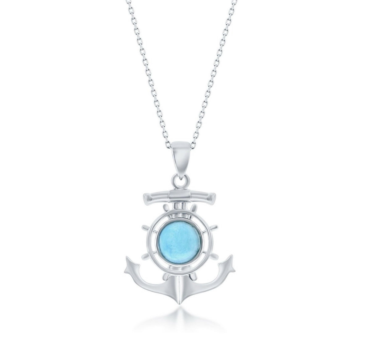 Sterling Silver, Round Larimar Anchor Ship Wheel Pendant
