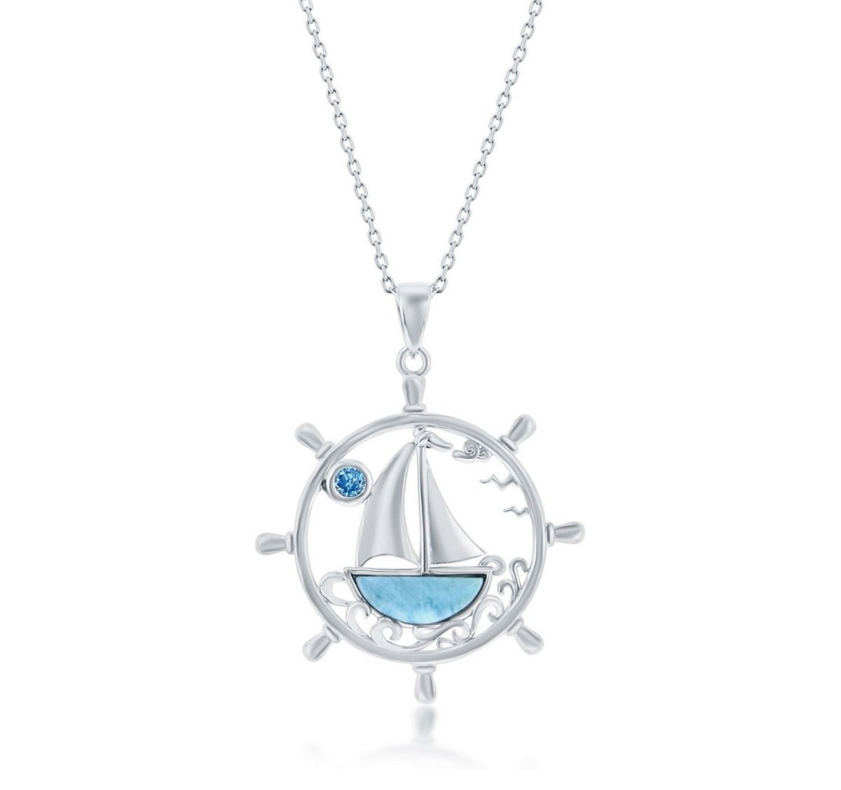 Sterling Silver, Ship Wheel, Larimar Sailboat & Blue Crystal Pendant