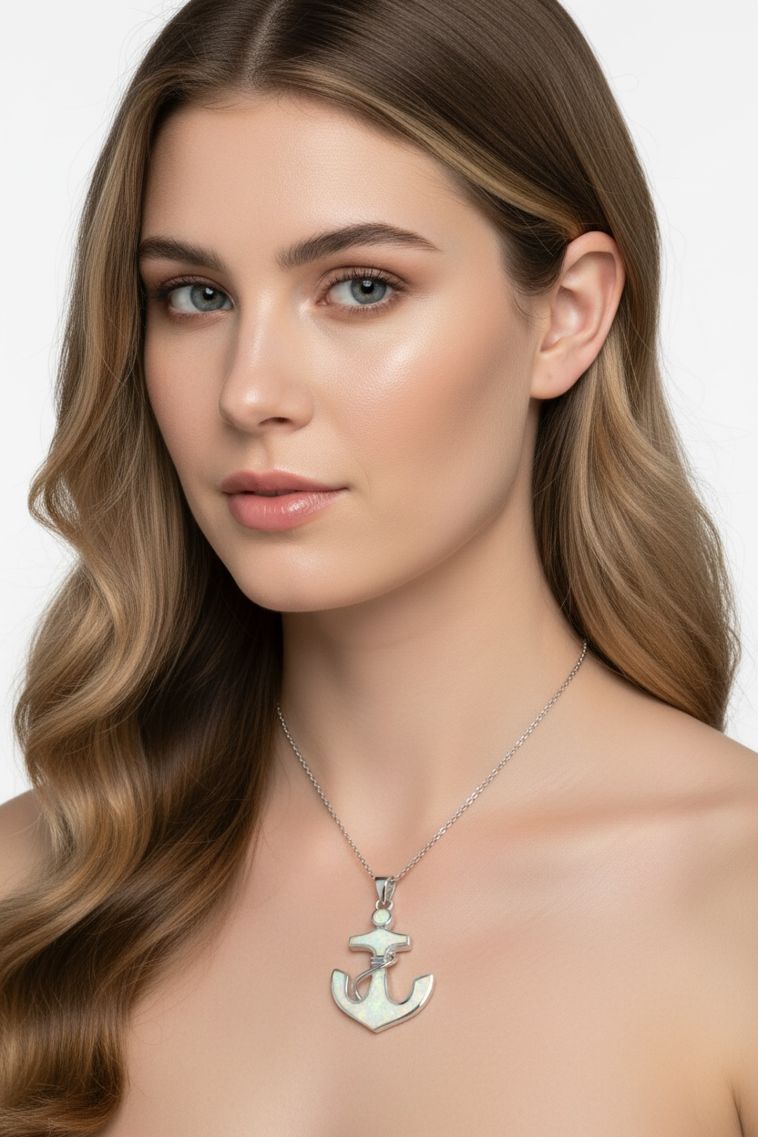 Sterling Silver, White Inlay Opal Large Anchor Pendant
