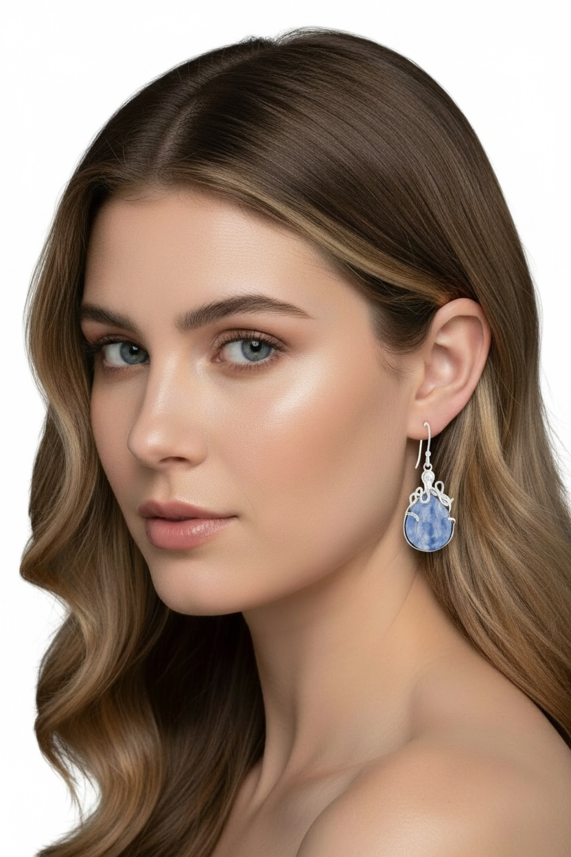 Sterling Silver, Pear-Shaped Kyanite, Octopus Earrings