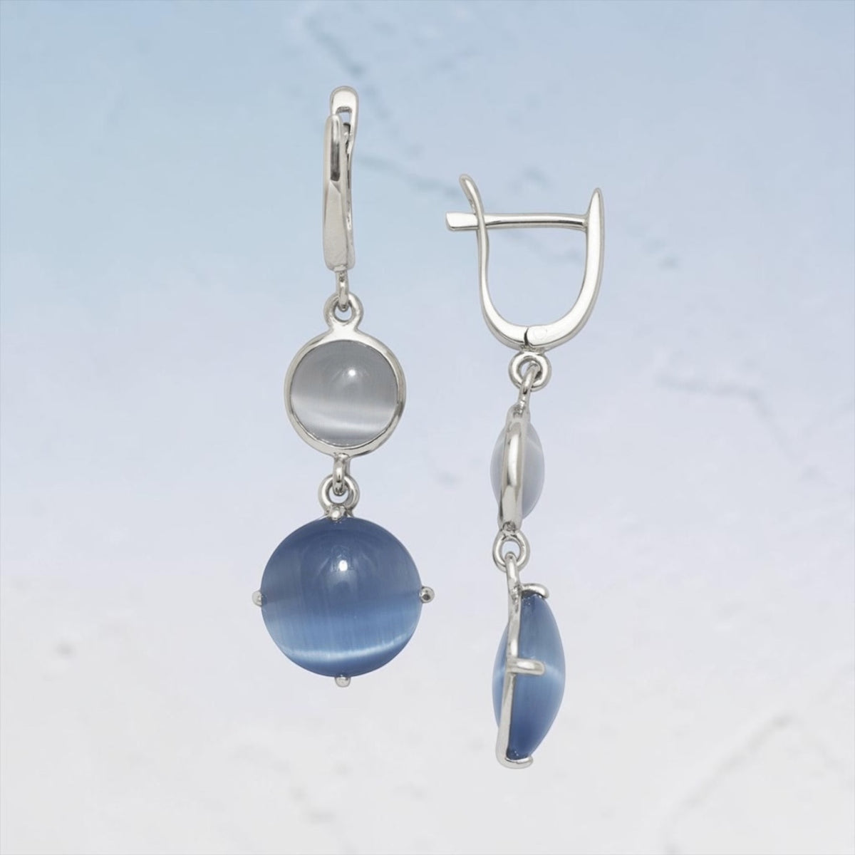 Sterling Silver Light and Dark Blue Cat’s Eye Earrings