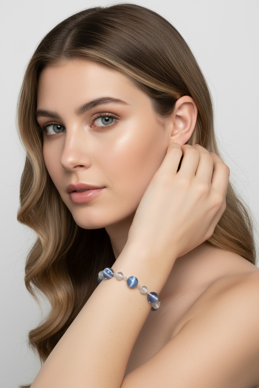 Sterling Silver Light and Dark Blue Cat’s Eye Bracelet