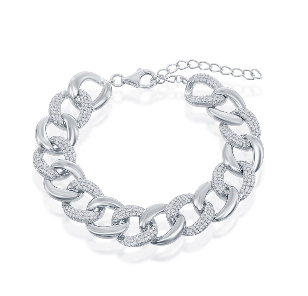 Sterling Silver, Alternating Polished & Micro Pave Cubic Crystalline Solid Link Bracelet