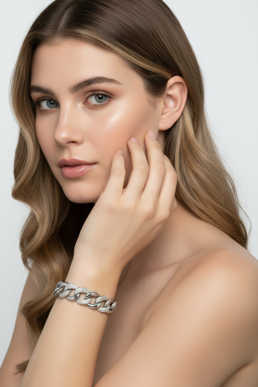 Sterling Silver, Alternating Polished & Micro Pave Cubic Crystalline Solid Link Bracelet