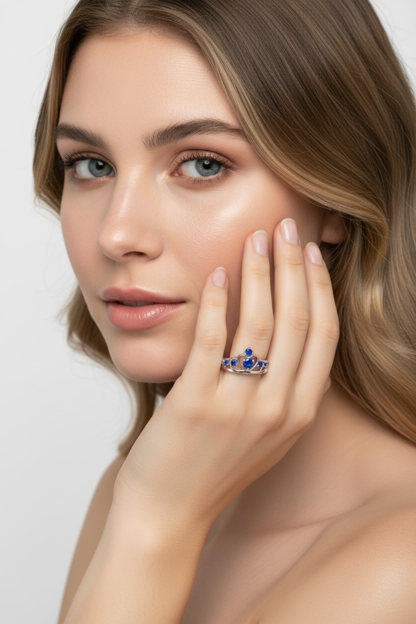 Sterling Silver Crown Ring - Blue Spinel