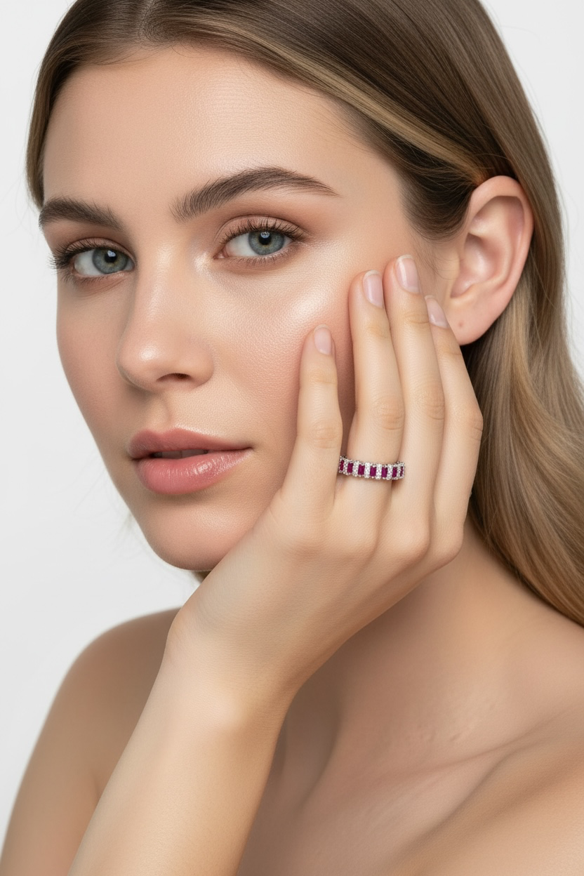 Sterling Silver, Round & Baguette Eternity Band Ring - Blue Spinel