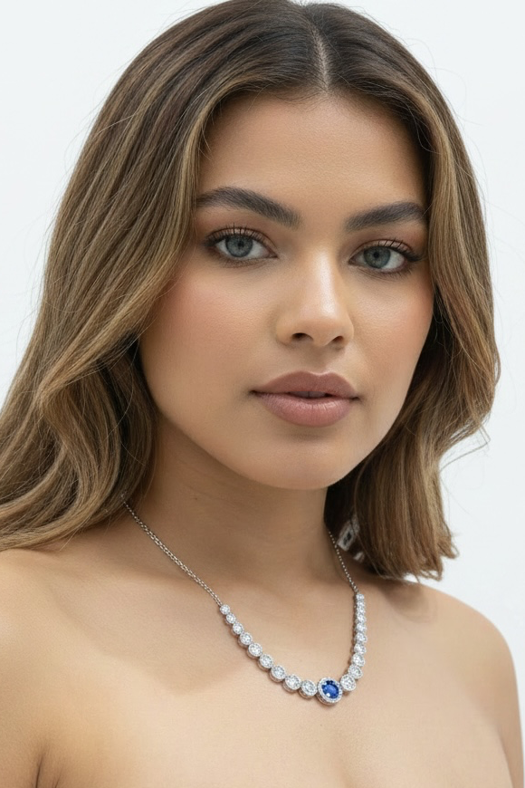 Sterling Silver, Lab-Grown 0.60ct Sapphire & 0.07ct Natural Diamond Necklace