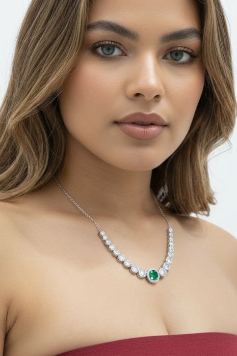 Sterling Silver, Lab-Grown 0.41ct Emerald & 0.07ct Natural Diamond Necklace