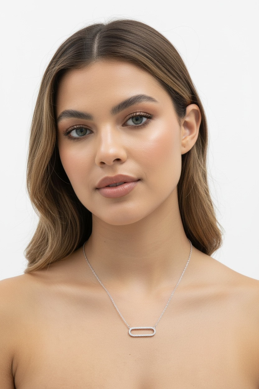 Sterling Silver, Oval Diamond Necklace