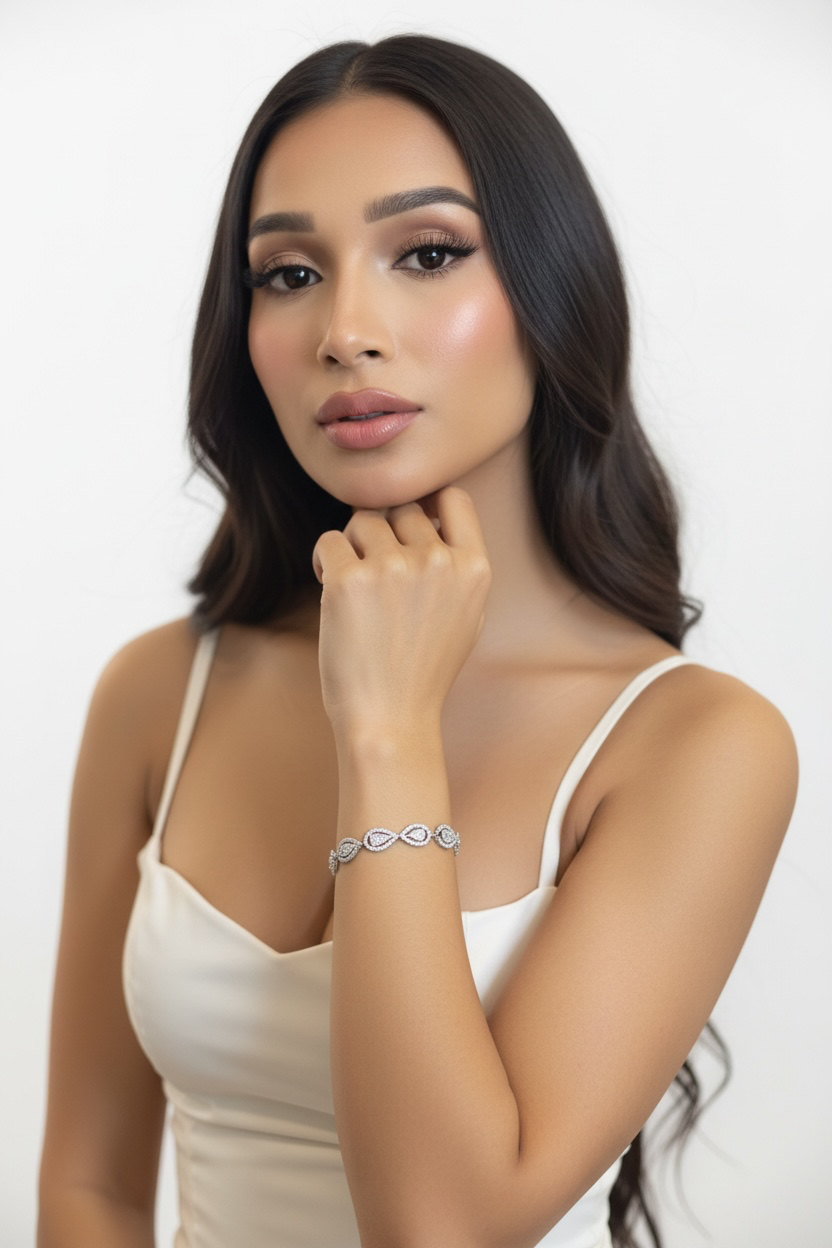 Sterling Silver, Pearshaped Halo Diamond Bracelet