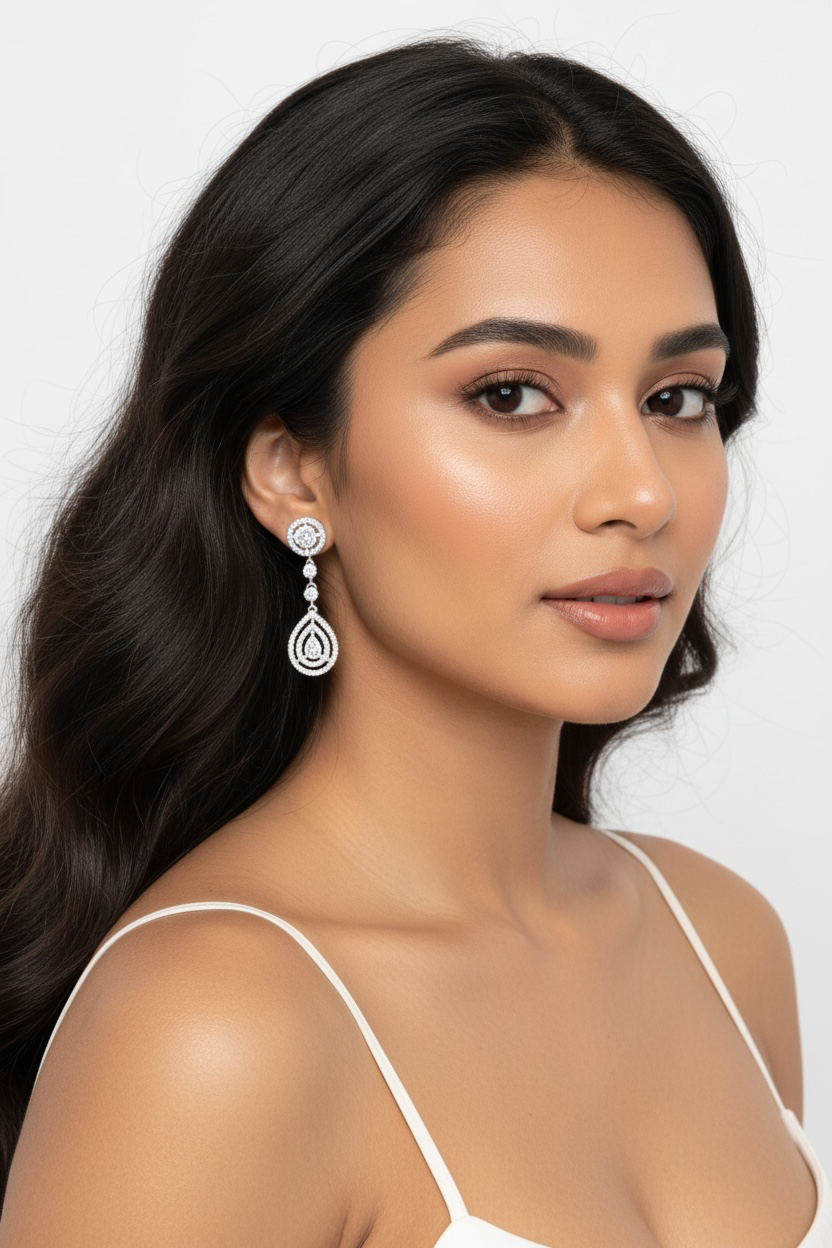Sterling Silver, Round & Pearshaped Halo Diamond Earrings Bridal or Special Occasion