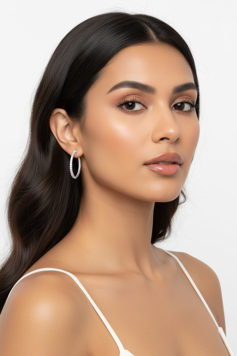 Sterling Silver, 26mm Inside-Outside Diamond Hoop Earrings
