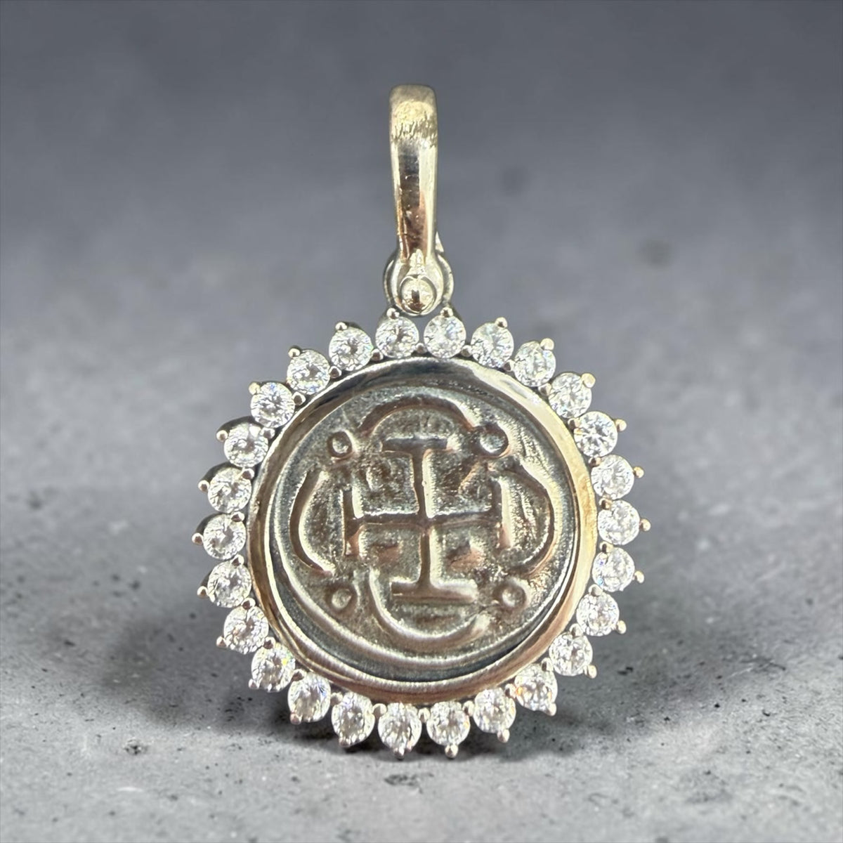 Replica Shipwreck Coin Pendant 925 solid sterling silver in white crystals