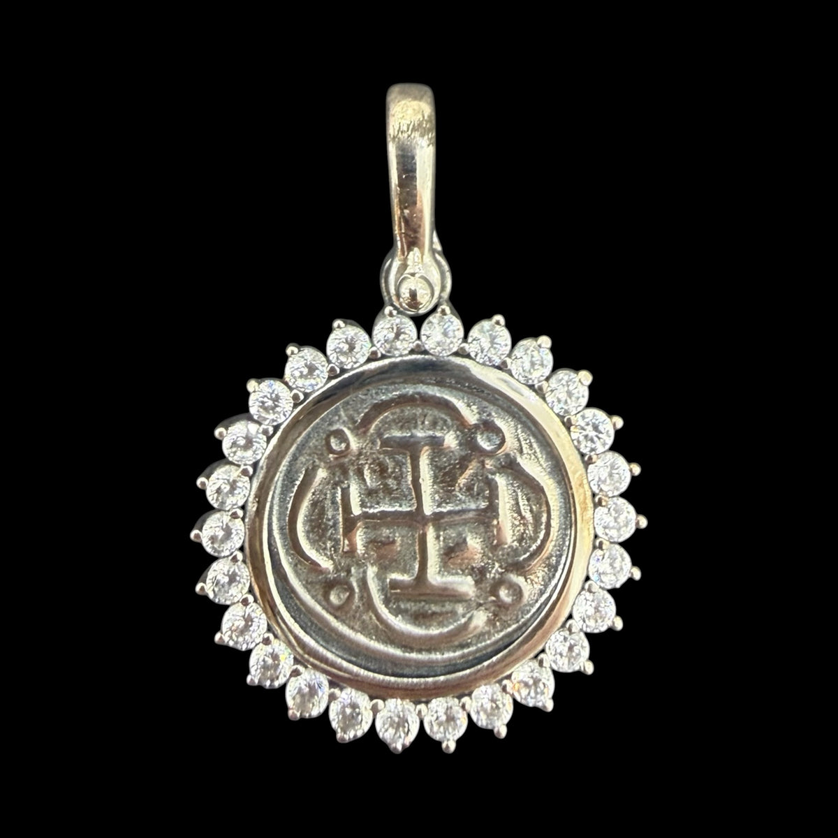 Replica Shipwreck Coin Pendant 925 solid sterling silver in white crystals