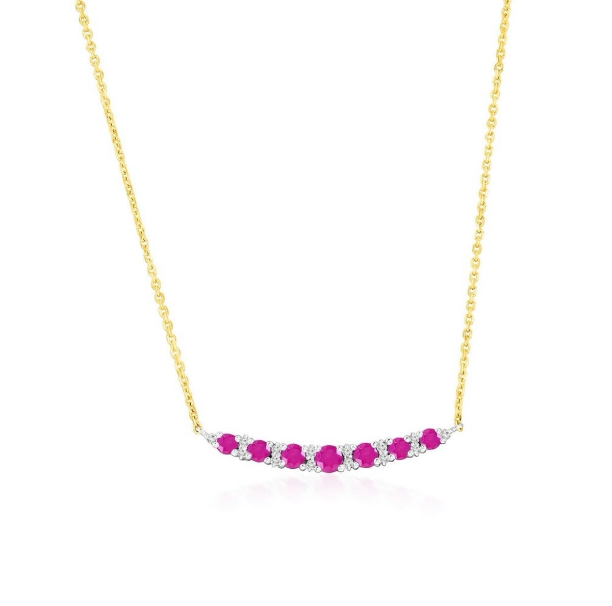 14K Yellow Real Gold, Round 0.36ct Ruby, Graduating Diamond Necklace