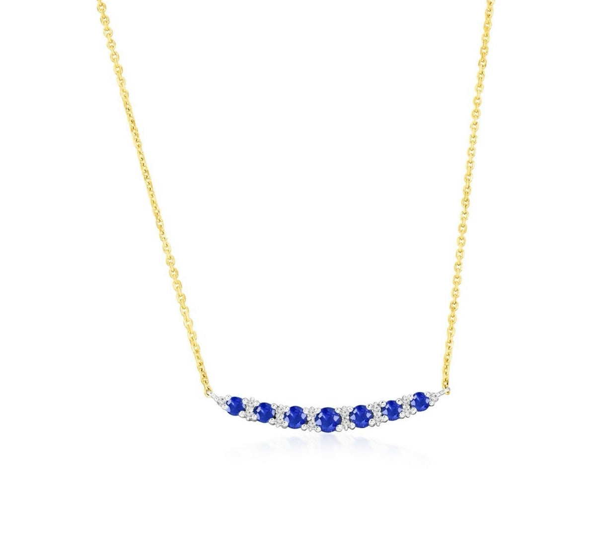 14K Yellow Real Gold, Round 0.36ct Sapphire, Graduating Diamond Necklace