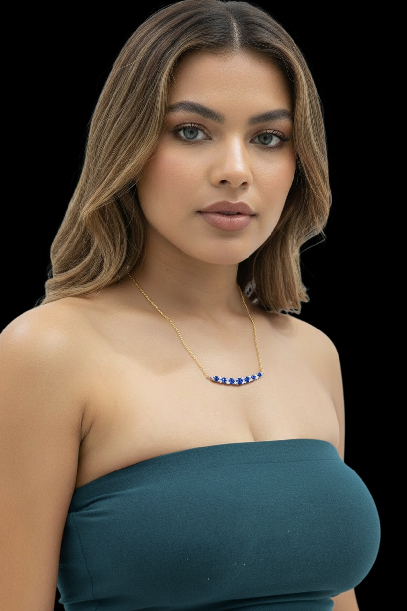 14K Yellow Real Gold, Round 0.36ct Sapphire, Graduating Diamond Necklace