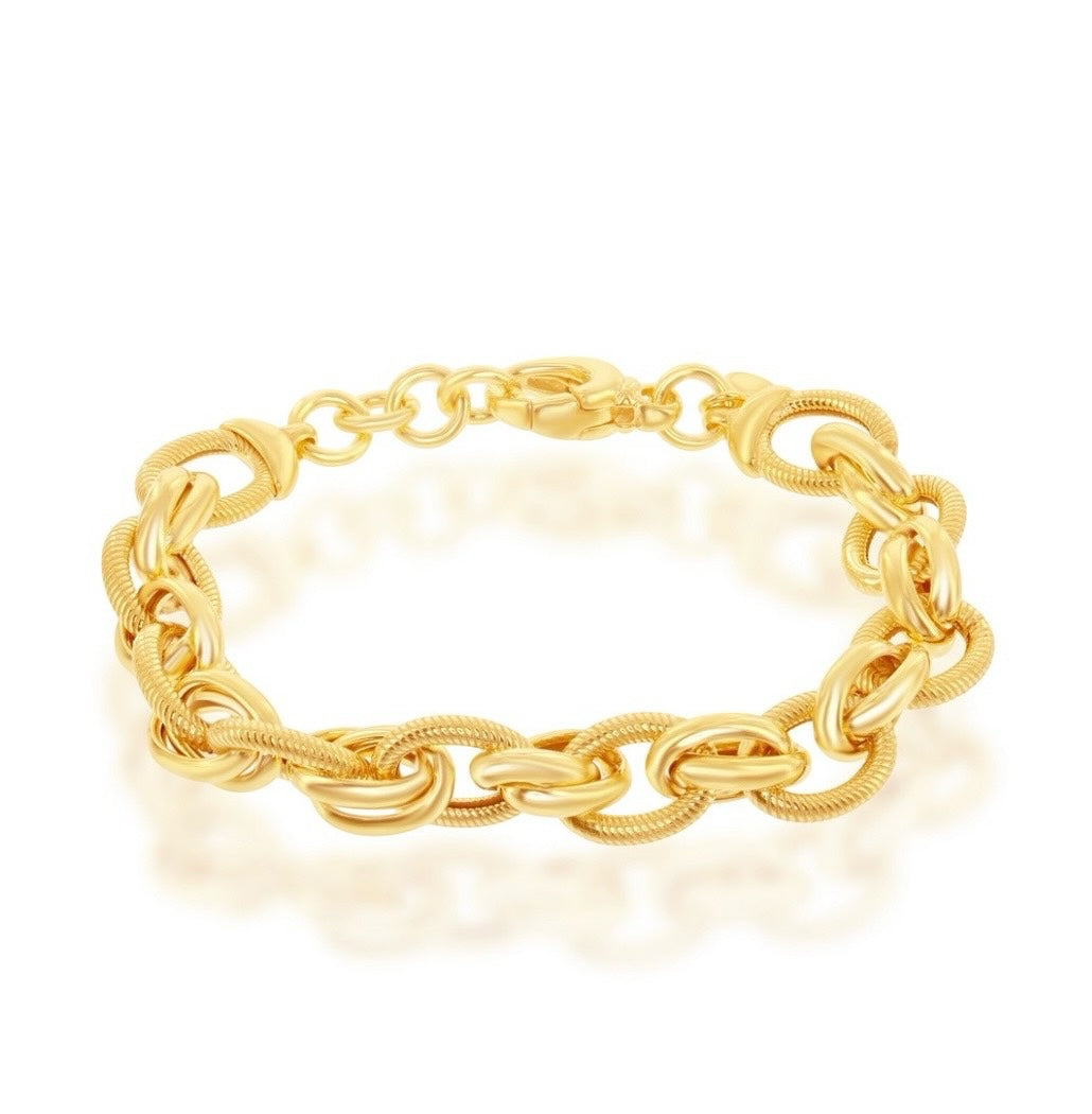 Sterling Silver, 14K Gold Overlay, Oval & Rope Design Bracelet, MADE IN ITALY