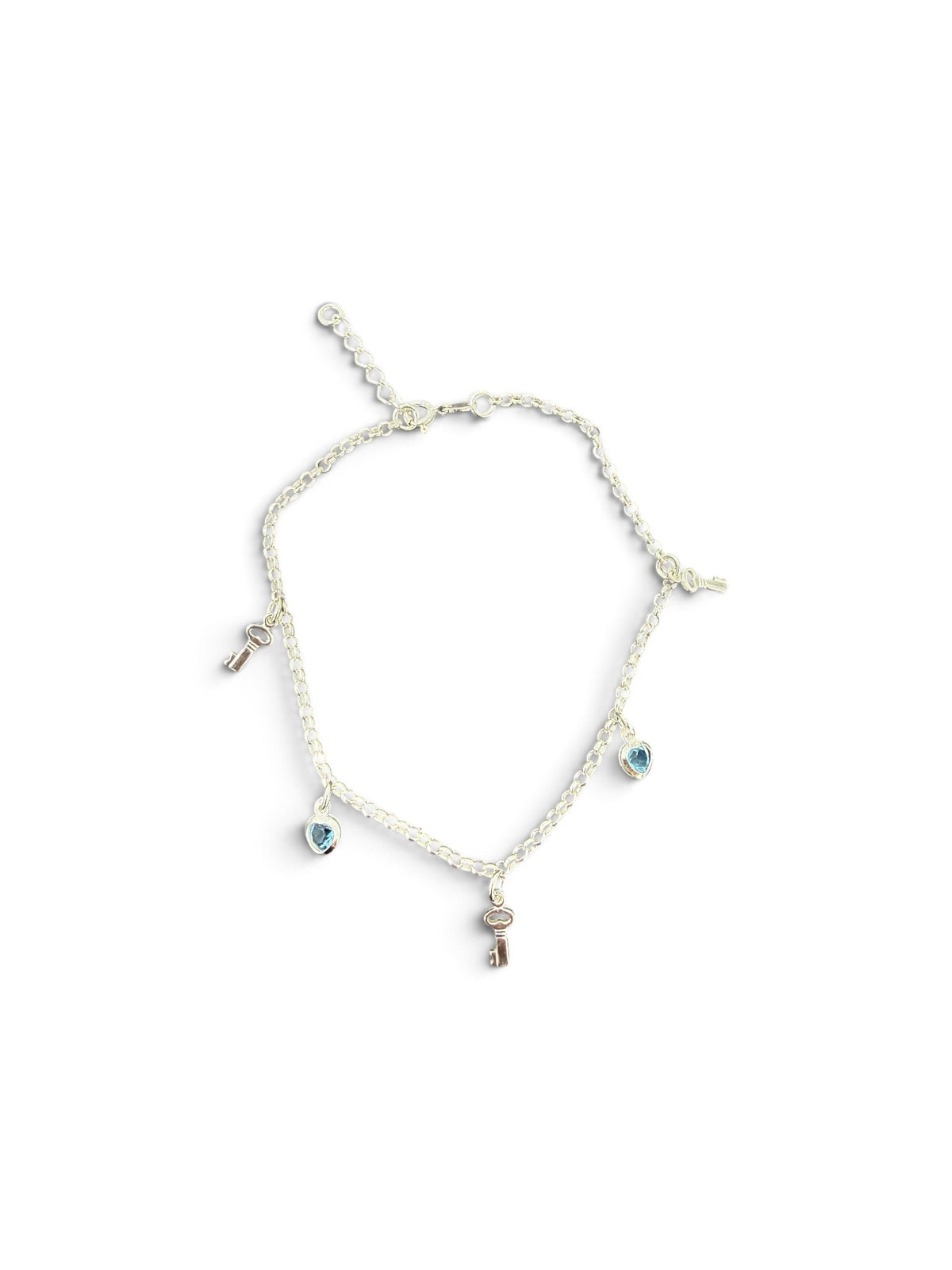 925 sterling silver blue heart and key charms anklet
