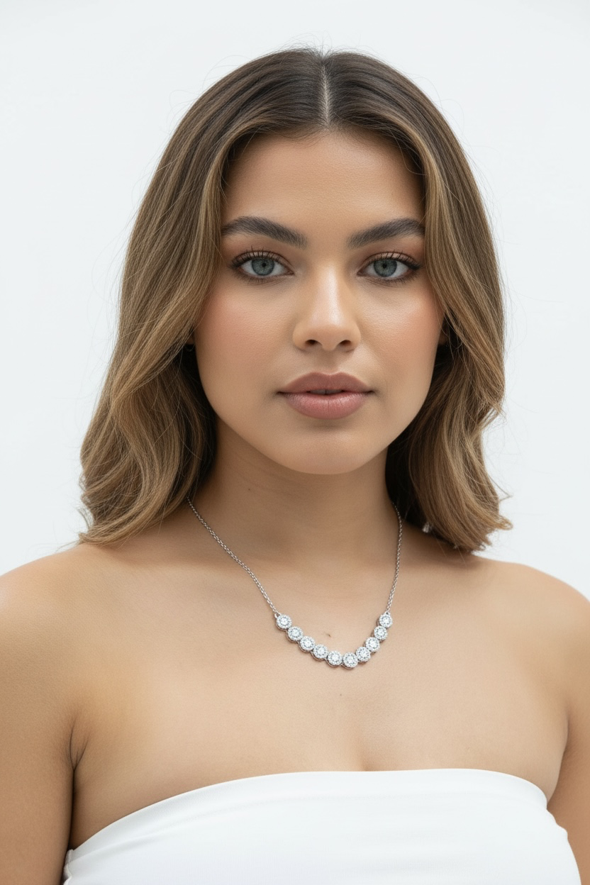 Sterling Silver Round Halo Diamond Necklace - (99 Stones)