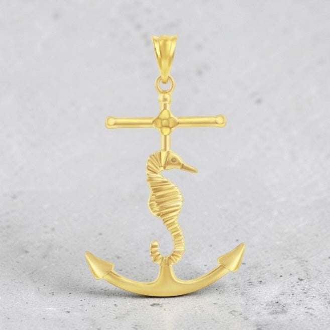 14K Real Yellow, Gold Seahorse Anchor Pendant