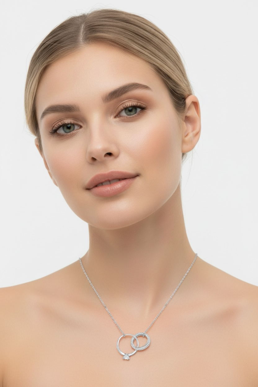 Sterling Silver Interlocking Engagement Ring & Micro Pave Band Necklace