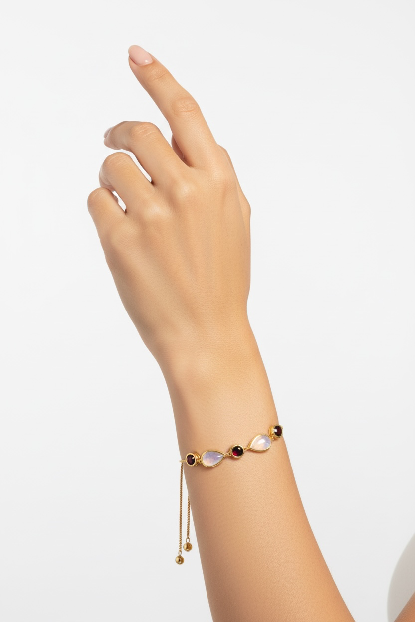 925 Sterling Silver, Garnet and Mother of Pearl Adjustable Bolo Bracelet - Gold Plated