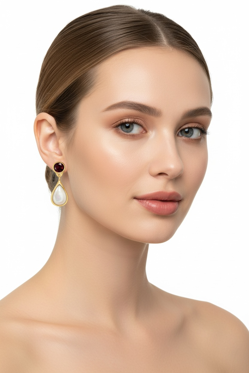 Sterling Silver Garnet and Mother of Pearl Earrings - Gold Plated