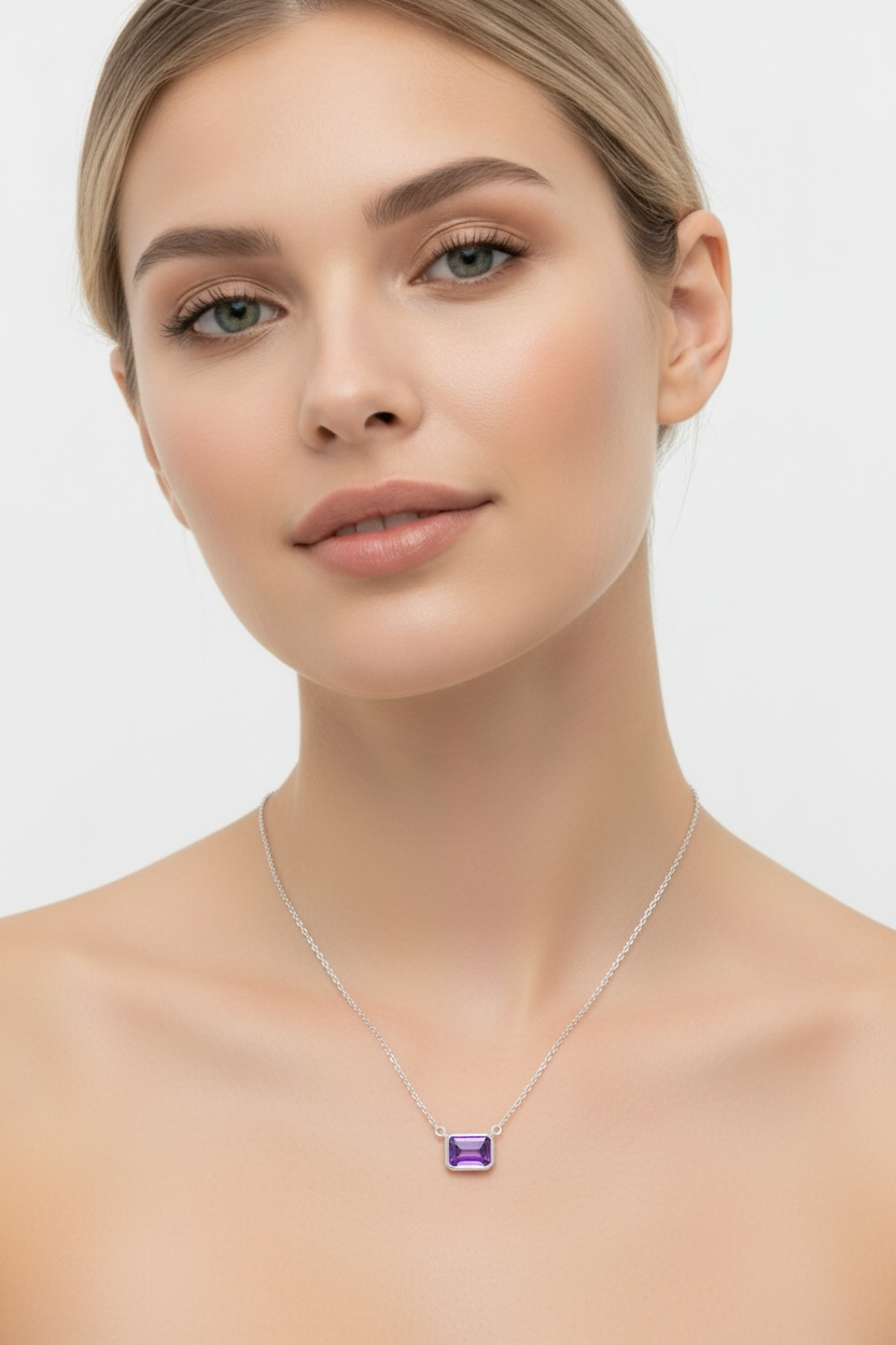 Sterling Silver, 'Feburary' Birthstone Rectangle CZ Necklace - Amethyst