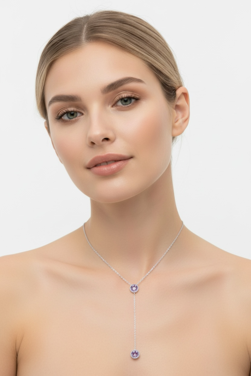 Sterling Silver, Round Amethyst with Long Hanging Chain and Round Amethyst Necklace