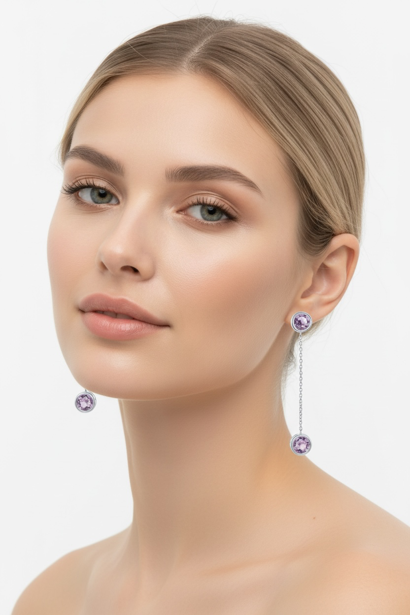 Sterling Silver Round Bezel-Set Amethyst with Hanging Chain Bezel-Set Amethyst Earrings ,