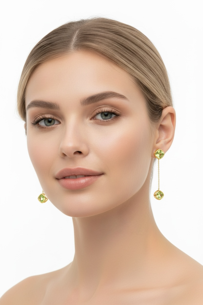 Sterling Silver GP Square Peridot with Hanging Chain Square Peridot Earrings