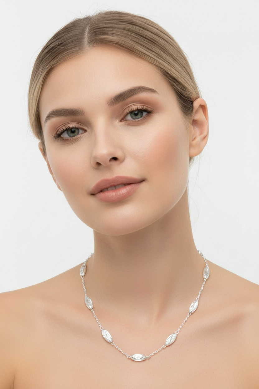 Sterling Silver Diamond Moon Cut Oval Bead Necklace