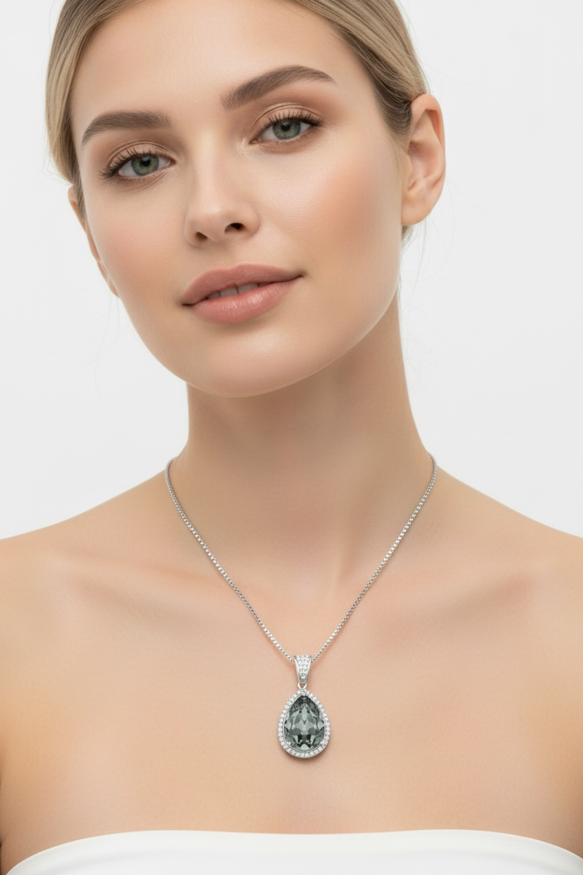 Sterling Silver Crystal and 14x10mm Pearshaped Halo - Black Diamond Swarovski Element Pendant