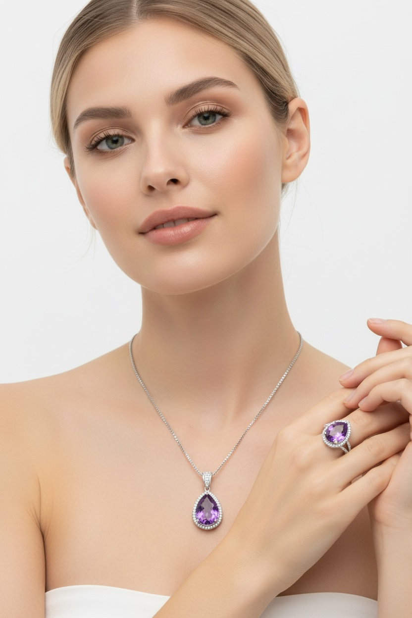 Sterling Silver Crystal and 14x10mm Pearshaped Amethyst Swarovski Element Halo Pendant
