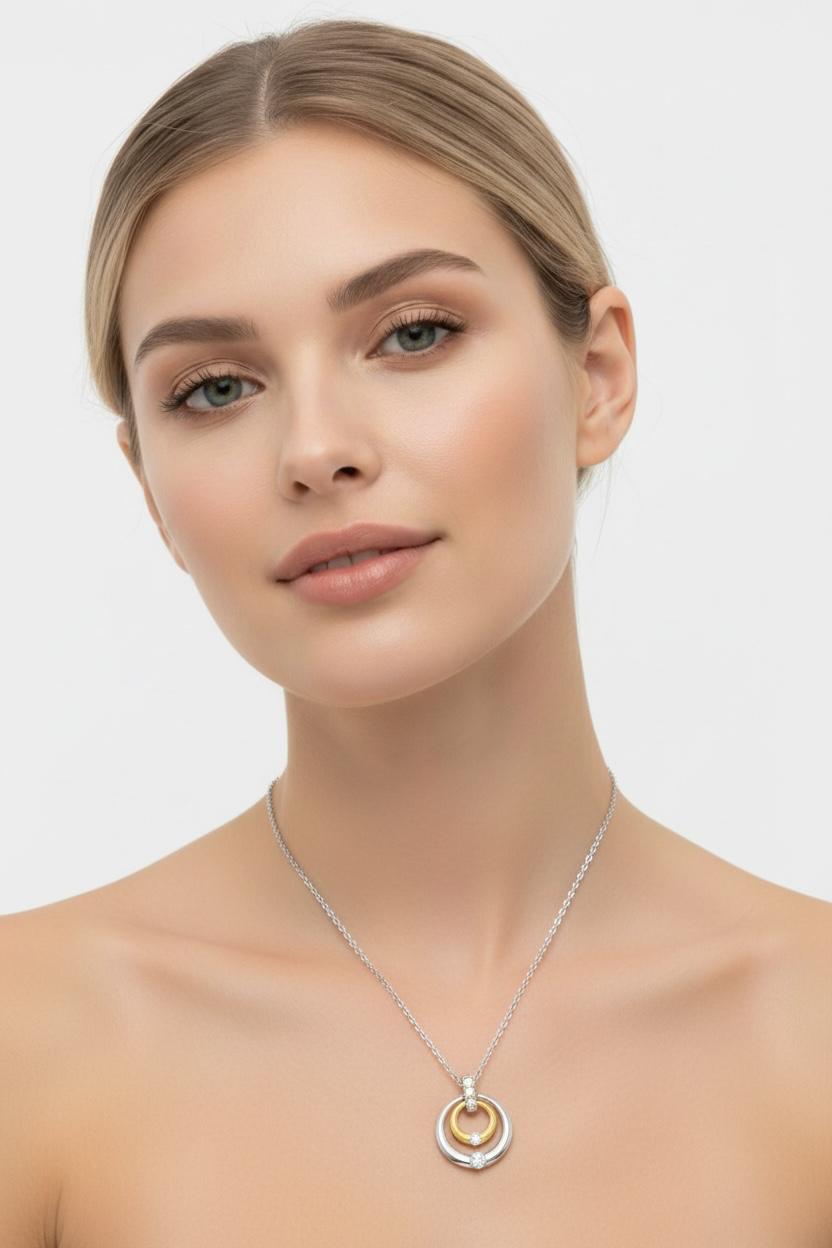 Sterling Silver, Double Circle Crystal Two-Tone Necklace