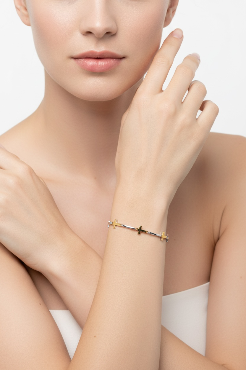 Sterling Silver, Sideways Cross Bracelet - Two Tone