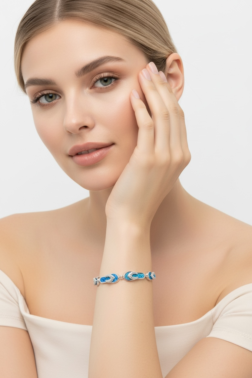 Sterling Silver Blue Inlay Opal Flip-Flop Link Bracelet 7”