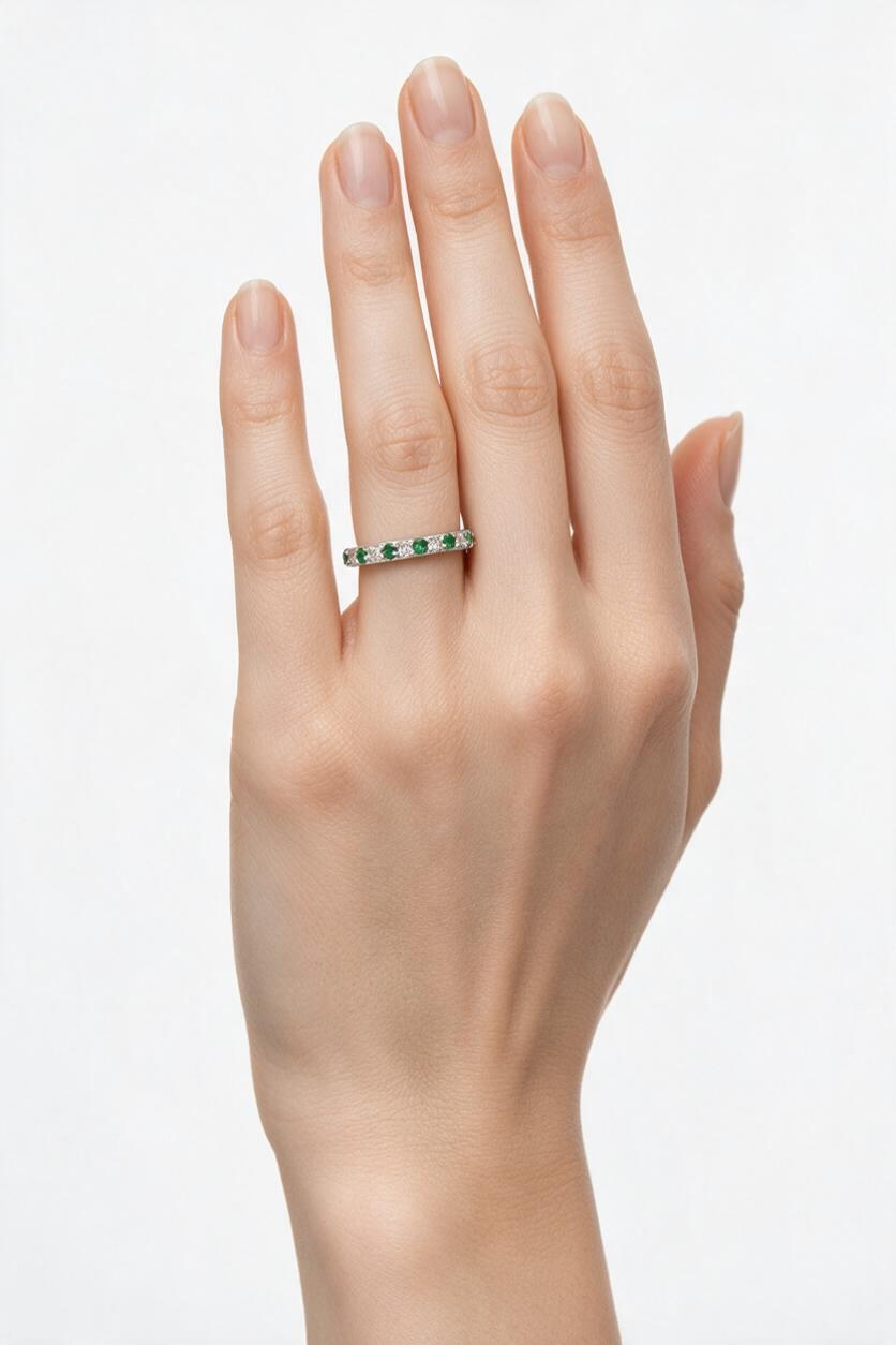 Sterling Silver, Alternating Lab-Grown 0.18ct Emerald & 0.20ct Diamond Half Eternity Ring