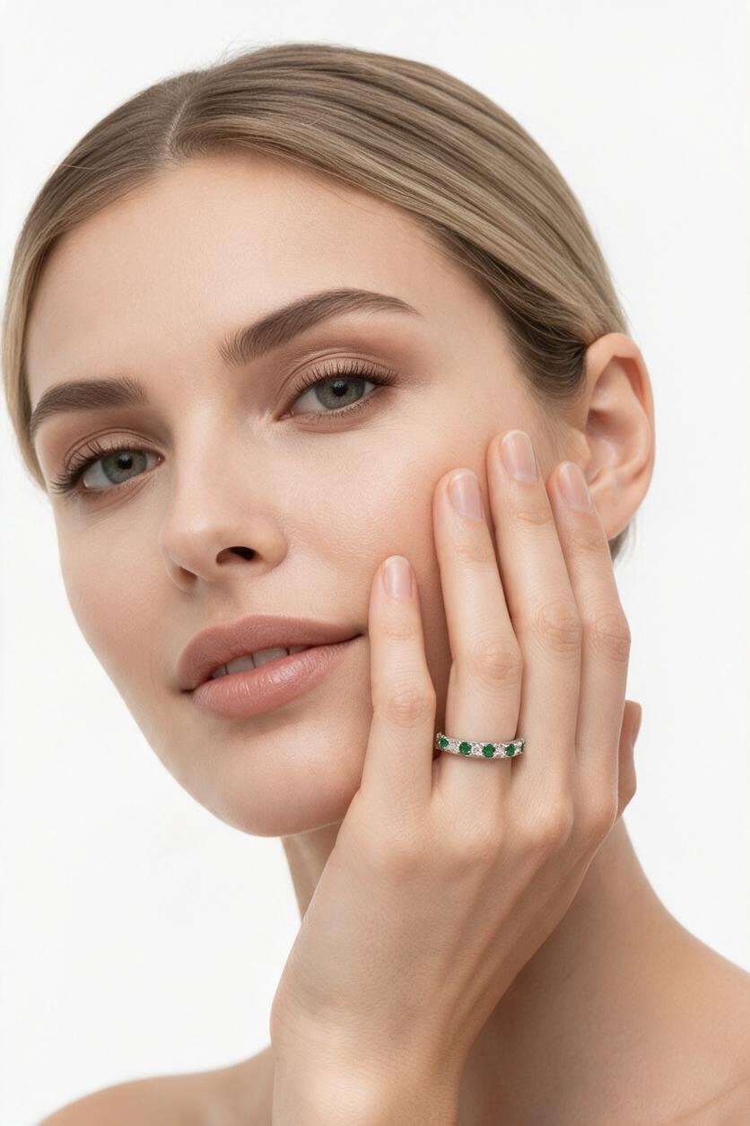 Sterling Silver, Alternating Lab-Grown 0.18ct Emerald & 0.20ct Diamond Half Eternity Ring