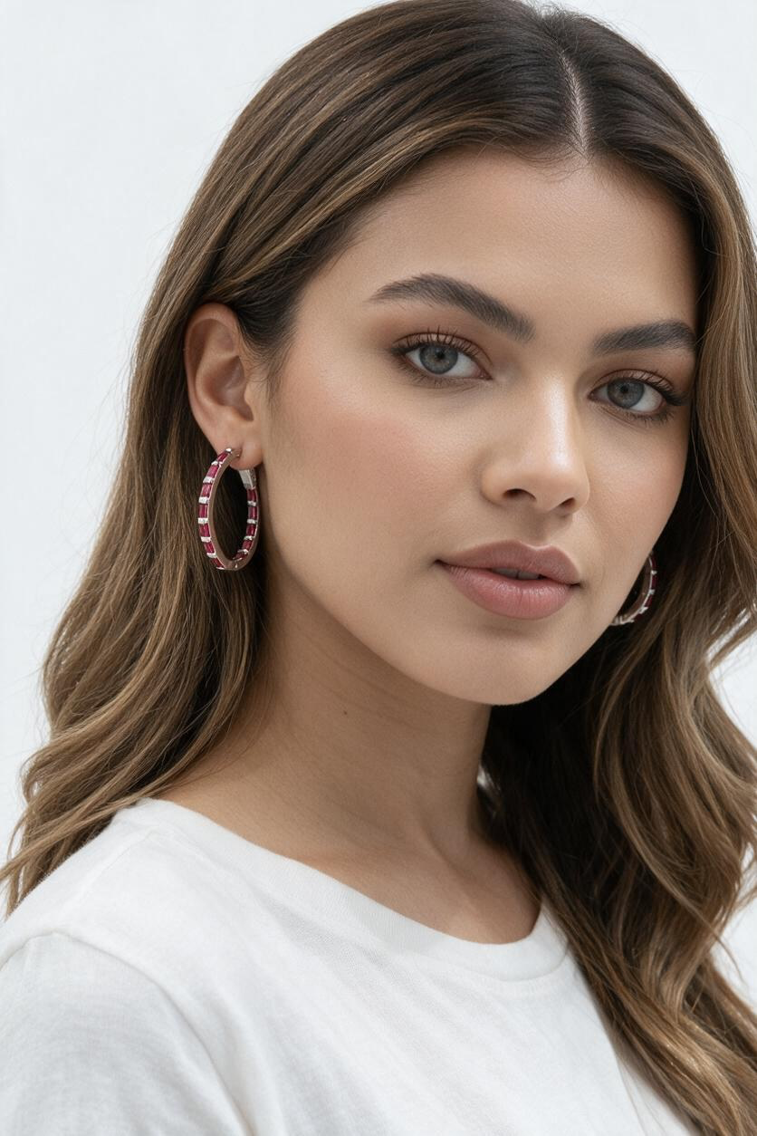 Sterling Silver Baguette CZ 25mm Hoop Earrings - Ruby Crystalline HOOPS