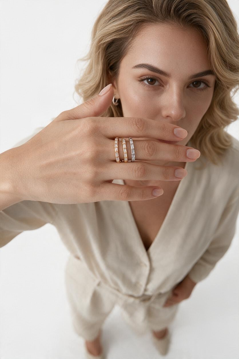 Sterling Silver, Tri-Color Baguette and Beaded Eternity Triple Band Ring
